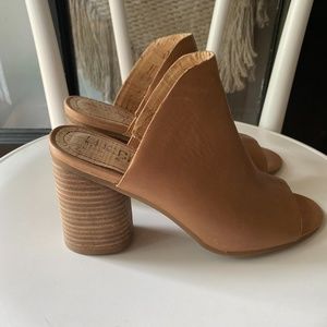 LUCCA open toe cognac leather mules with heel
